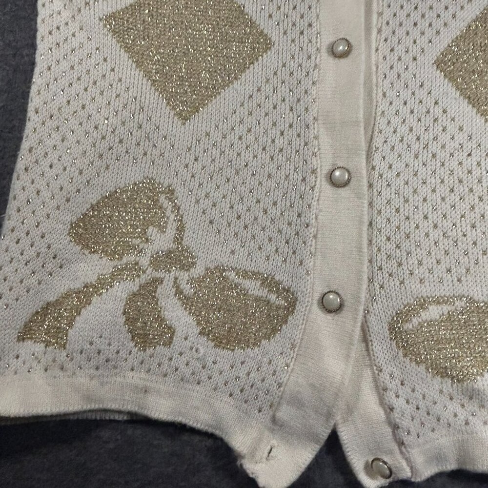 Vintage Cream Metallic Long‎ Sleeve Cardigan Sweater Gold Bow Holiday Pearl - Picture 10 of 15